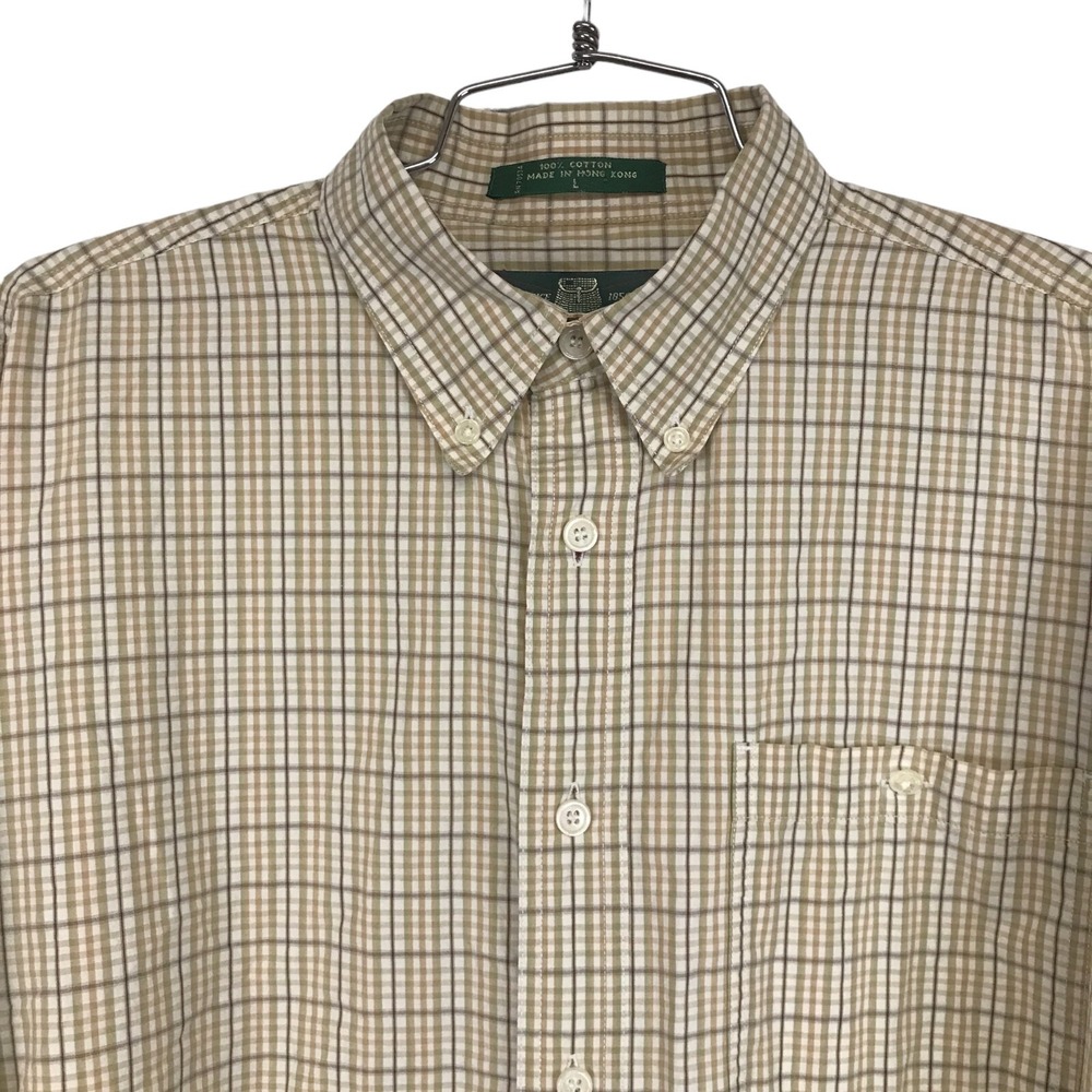 Orvis Mens Large Plaid Button Down Shirt Tan Brown Cotton Long Sleeve Pocket
